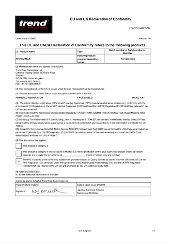 UKCA Declaration of Conformity for AIR/PRO/M