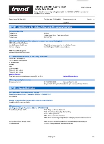Honing Mirror Paste Safety Data Sheet
