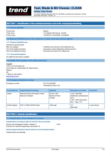 Tool, Blade & Bit Cleaner, CLEAN Safety Data Sheet UK