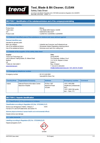 Tool, Blade & Bit Cleaner, CLEAN Safety Data Sheet EU